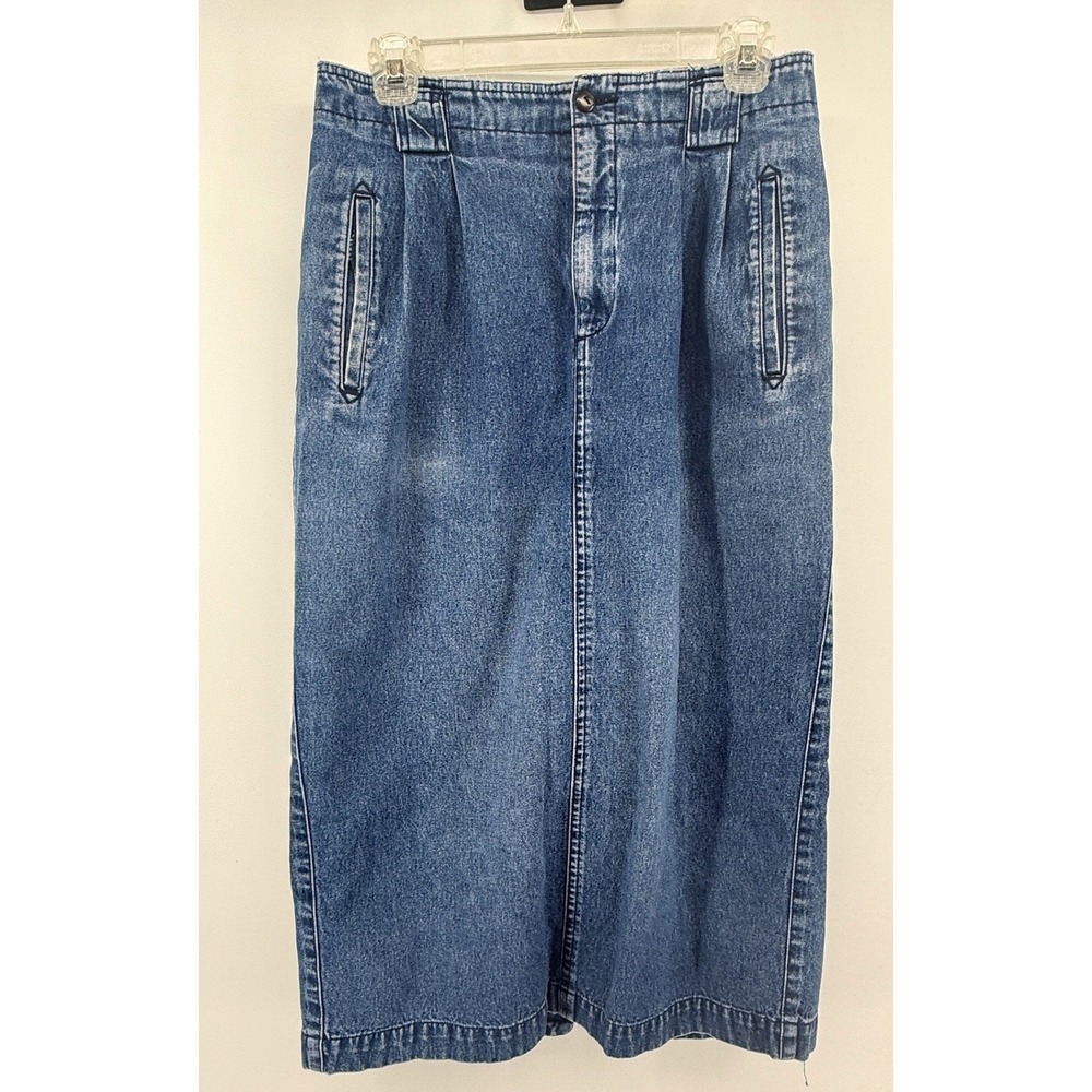Vintage LizSport Denim Midi Skirt Blue High Waist Pleated Cotton Sz 10 Timeless